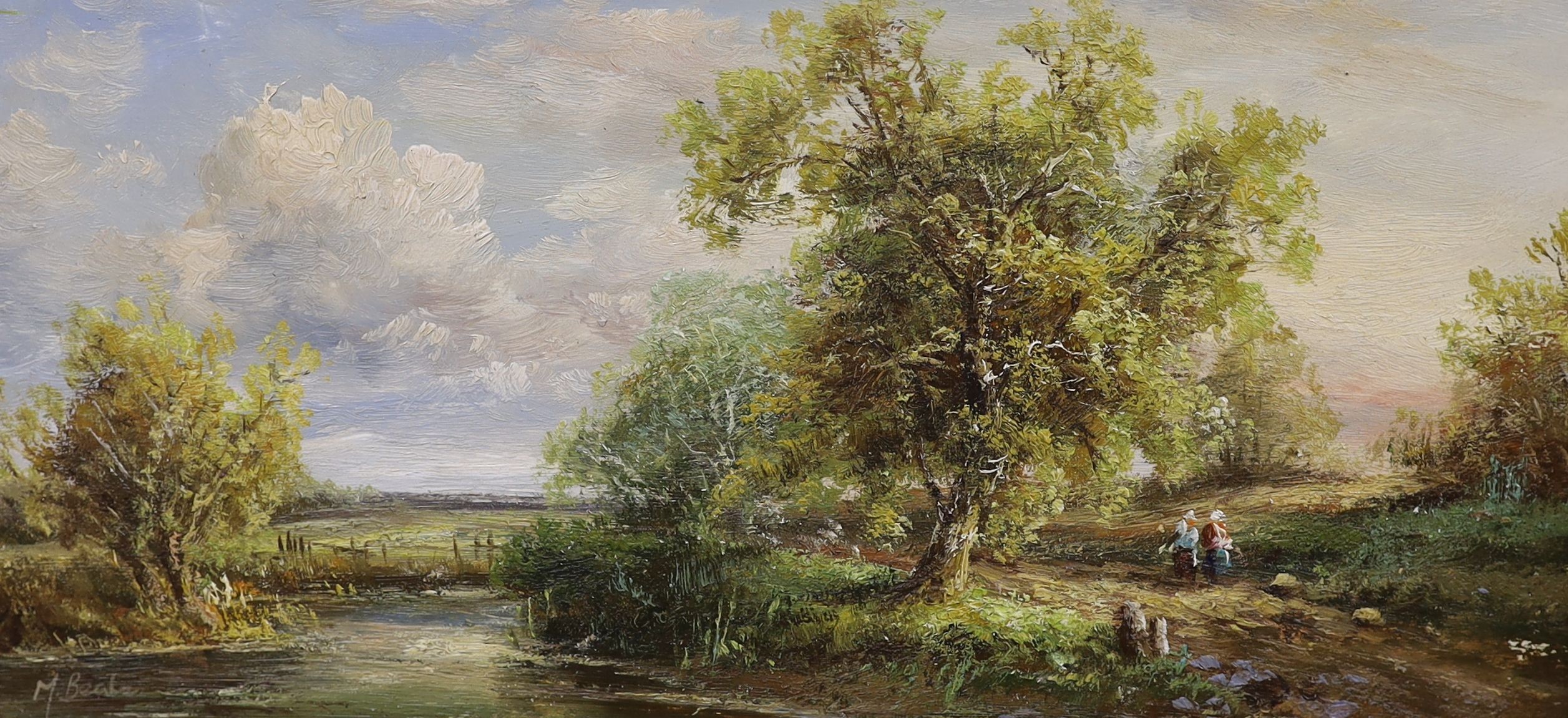 M. Beale, pair of oils on board, River landscapes, signed, 18 x 39cm